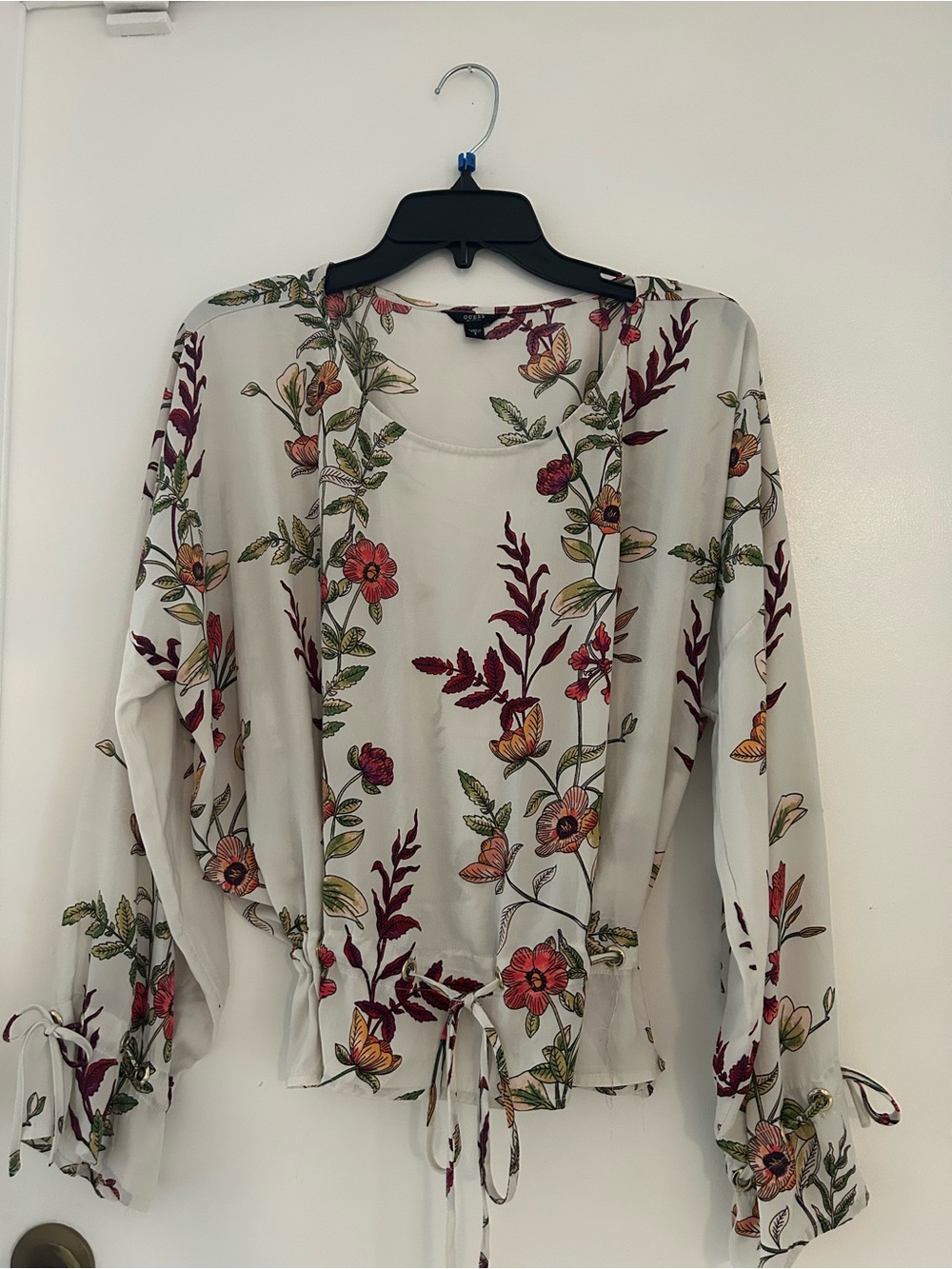 Guess Floral Tie-Front Sheer Blouse in Cream with Red & Green Accents